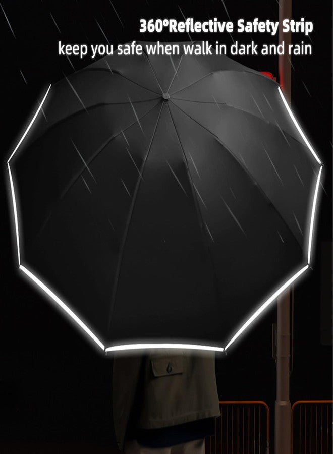 cuysfead Inverted Travel Umbrella with Carabiner Handle,Large Compact Umbrella for Rain and UV Protection,10 Ribs Windproof Reverse Umbrella with Reflective Strip,Auto Open Close for Women Men,Black - Image 4
